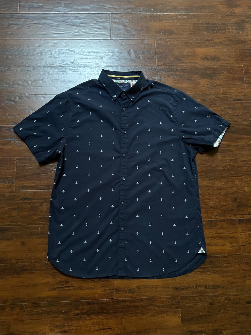 Denim & Flower Navy Anchor Print Short-Sleeve Button-Down Shirt Size Large